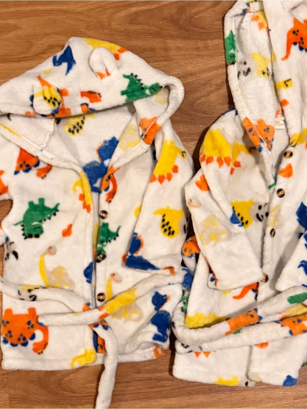 2 Cozy White Dino-Print Hooded Kids Pajama Robe
